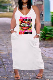 Weiß Rosa Sexy Casual Plus Size Print Backless Sling Dress mit V-Ausschnitt