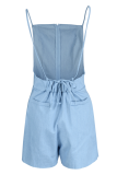 Blue Sexy Solid Patchwork Spaghetti Strap Skinny Rompers