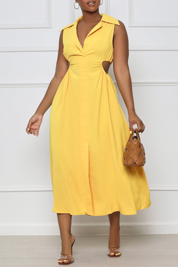 Gelbes, modisches, lässiges, solides, ausgehöhltes, ärmelloses Patchwork-Kleid mit V-Ausschnitt