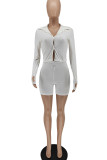 White Casual Solid Patchwork Buckle Long Sleeve Two Pieces