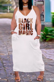 Weiß Braun Sexy Casual Plus Size Print Backless Sling Dress mit V-Ausschnitt