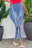 Ljusblått Mode Casual Solid Patchwork Frenulum Skinny Jeans med hög midja
