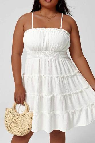 Blanc Sexy Solide Patchwork Pli Stringy Selvedge Spaghetti Strap Sling Dress Plus La Taille Robes