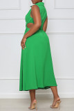 Grünes, modisches, lässiges, solides, ausgehöhltes, ärmelloses Patchwork-Kleid mit V-Ausschnitt