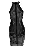 Robe sans manches transparente à col rond et à la mode en patchwork sexy à la mode noire