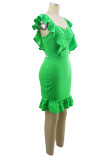 Groene sexy casual effen patchwork vierkante kraag mouwloze jurk