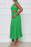 グリーンファッションカジュアルソリッドくり抜かれたパッチワークVネックノースリーブドレス