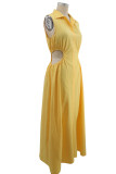 Gelbes, modisches, lässiges, solides, ausgehöhltes, ärmelloses Patchwork-Kleid mit V-Ausschnitt