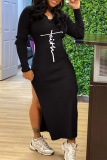 Zwarte mode print hoge opening capuchon kraag kokerrok jurken