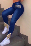 Jeans skinny in denim skinny a vita alta con patchwork nappa casual moda azzurro