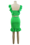 Grünes, sexy, lässiges, festes, ärmelloses Patchwork-Kleid mit quadratischem Kragen
