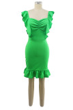 Grünes, sexy, lässiges, festes, ärmelloses Patchwork-Kleid mit quadratischem Kragen