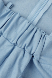 Синий сексуальный однотонный узкий комбинезон на тонких бретельках в стиле пэчворк