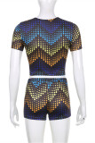 Multicolor Fashion Casual Print Patchwork O Neck Short Sleeve Two Pieces
