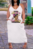 Weiß Khaki Sexy Casual Plus Size Print Backless Sling Dress mit V-Ausschnitt