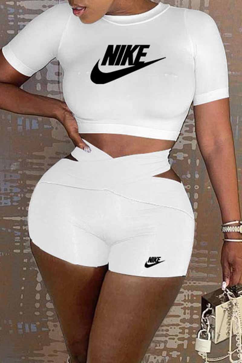 

White Fashion Casual Print Letter O Neck Short Sleeve Two Pieces