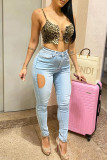 Light Blue Fashion Casual Solid Ripped Patchwork High Waist Skinny Denim Jeans