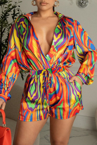 Colour Fashion Casual Print Patchwork Buckle Turndown Collar Long Sleeve Two Pieces