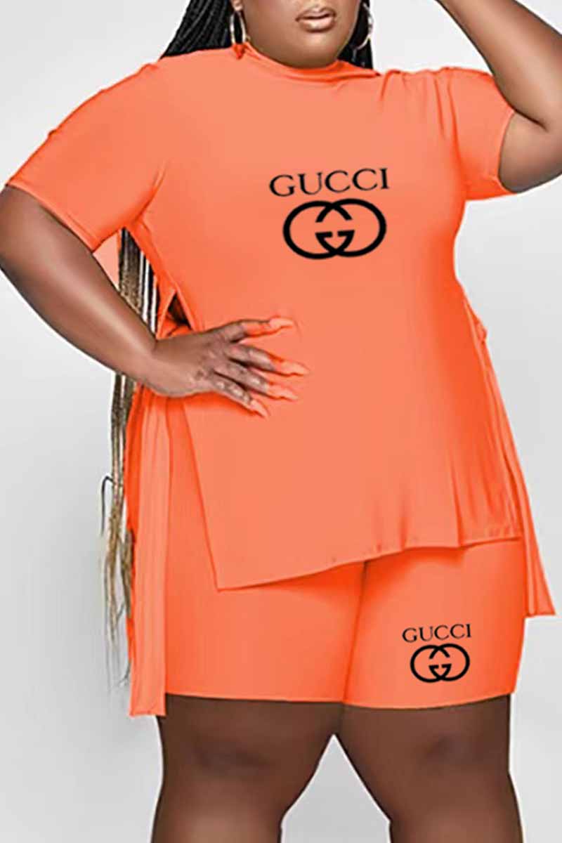 

Orange Fashion Casual Print Letter O Neck Plus Size Two Pieces