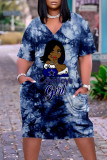 Сине-серые повседневные прямые платья в стиле пэчворк с V-образным вырезом