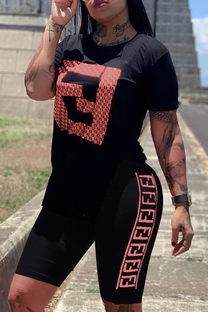 

Black Fashion Casual Print Slit O Neck Short Sleeve Two Pieces