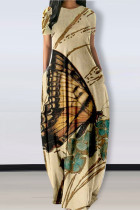 Vestido de manga corta con cuello en O de patchwork con estampado informal de moda de color caqui Vestidos