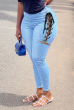 Lichtblauwe sexy effen bandage uitgeholde patchwork hoge taille denim jeans