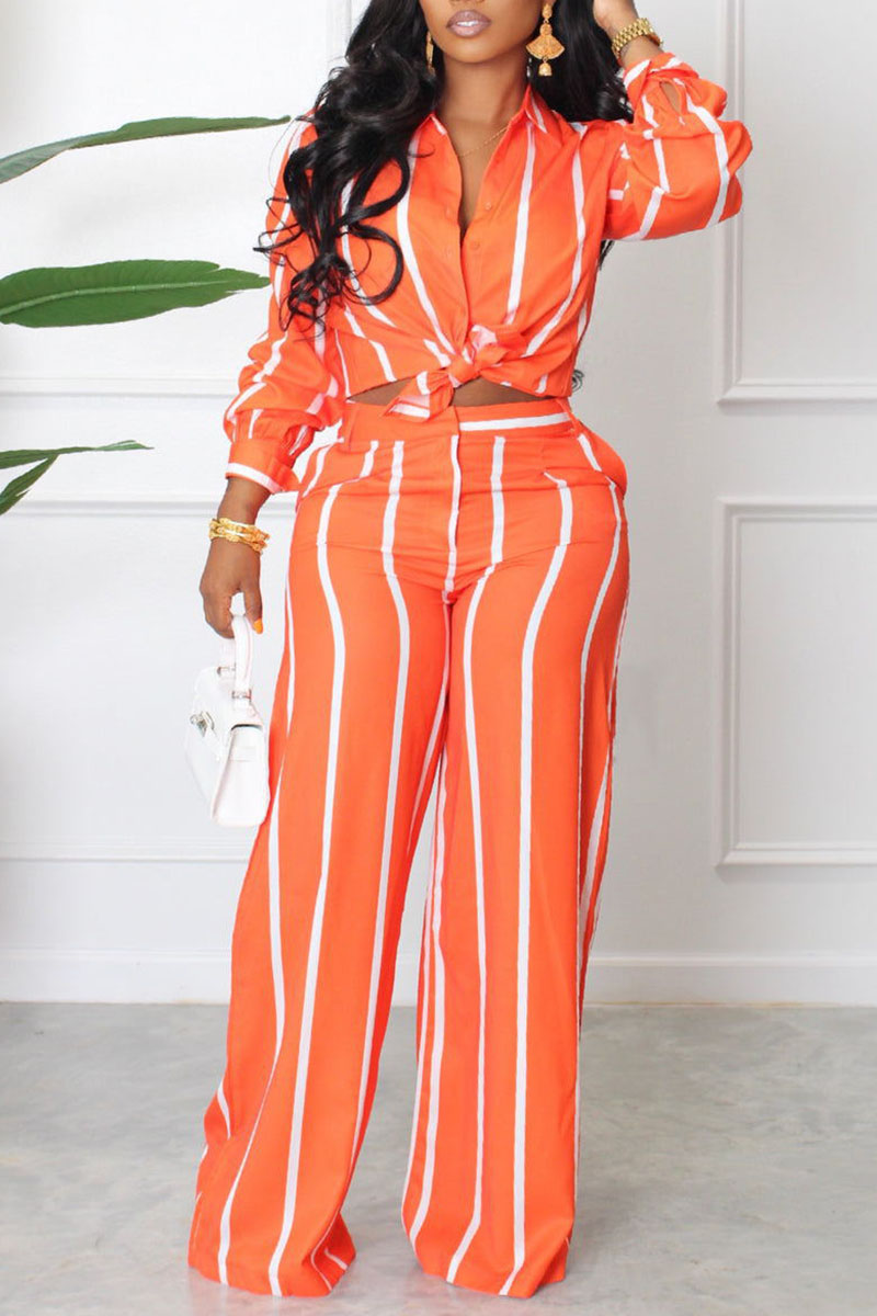 

Tangerine Red Casual Striped Print Patchwork Turndown Collar Long Sleeve Two Pieces