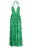 Vestidos verdes sexy estampado patchwork sem costas halter uma linha vestidos