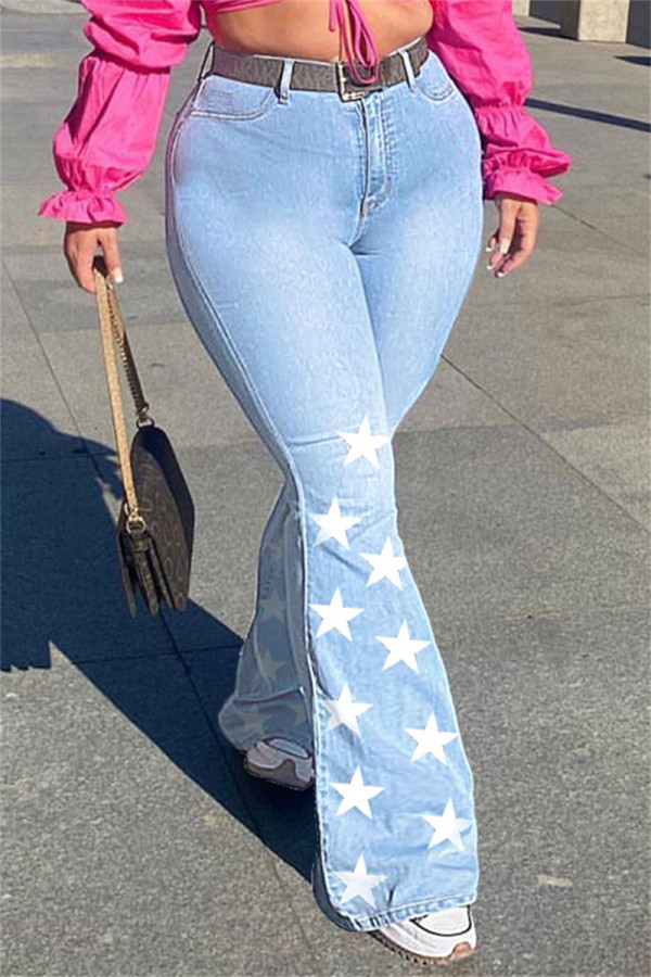 Hellblau Mode Casual Print Die Stars Patchwork Plus Size Jeans