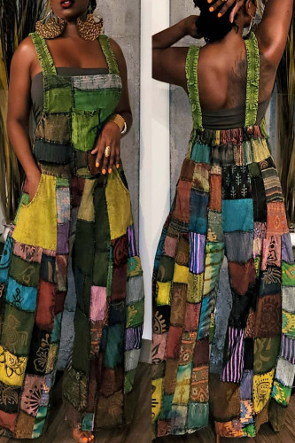 Green Fashion Casual Street Print Patchwork Spaghetti Strap Loose Jumpsuits