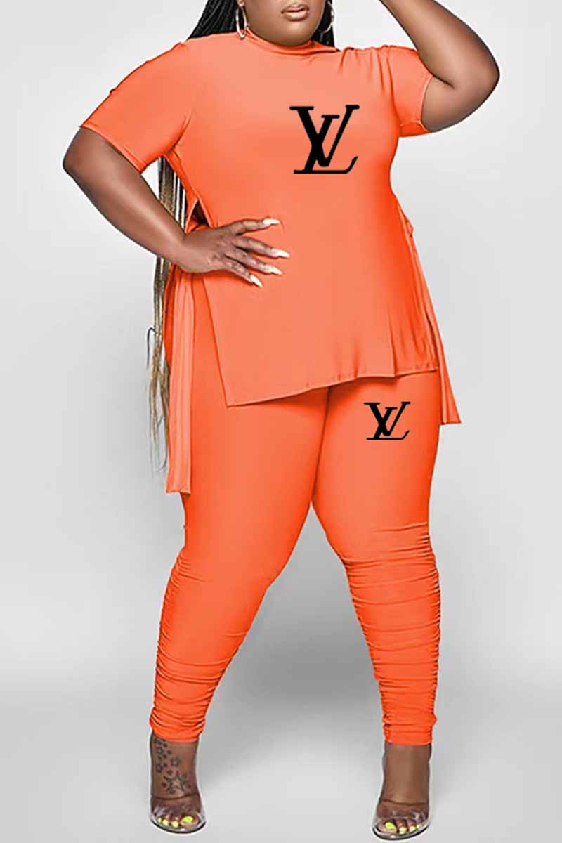 Orange Plus Size Casual Print Letter O Neck Plus Size Two Pieces