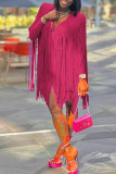 タンジェリンレッドファッションカジュアルソリッドタッセルパッチワークVネックストレートドレス