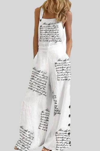 White Casual Print Patchwork Loose Jumpsuits