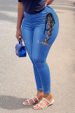 Ljusblå sexig solid bandage urholkat lapptäcke Jeans med hög midja