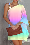 Kleur Mode Casual Geleidelijke verandering Print Backless Schuine kraag Onregelmatige jurk