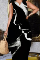 ブラック ファッション カジュアル プリント パッチワーク V ネック ノースリーブ ドレス