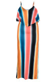 Orange Sexy Striped Print Patchwork Spaghetti Strap Sling Dress Plus Size Dresses