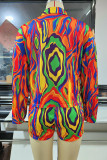 Colarinho colorido moda casual estampa patchwork fivela virada para baixo manga longa duas peças