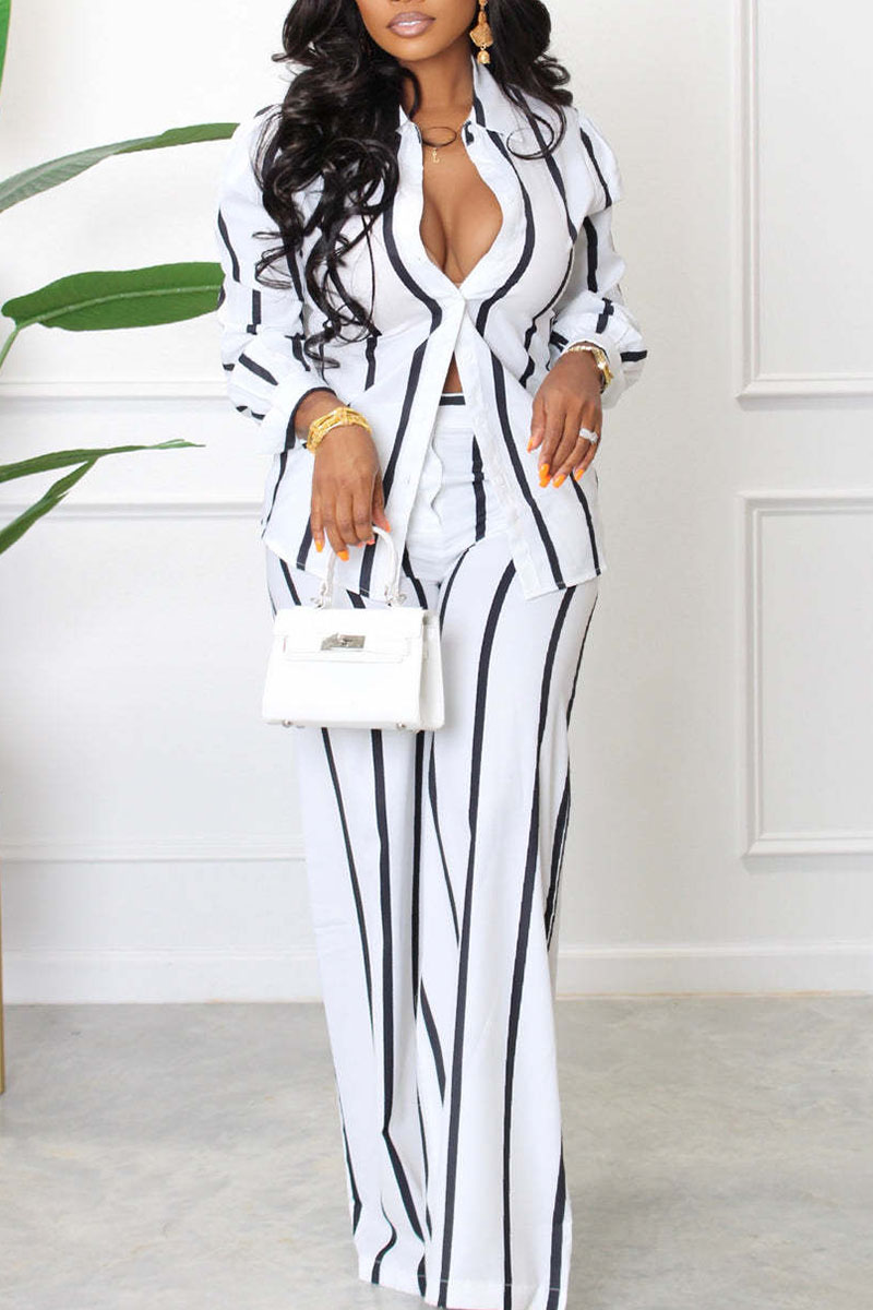 

White Casual Striped Print Patchwork Turndown Collar Long Sleeve Two Pieces