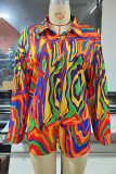 Colarinho colorido moda casual estampa patchwork fivela virada para baixo manga longa duas peças