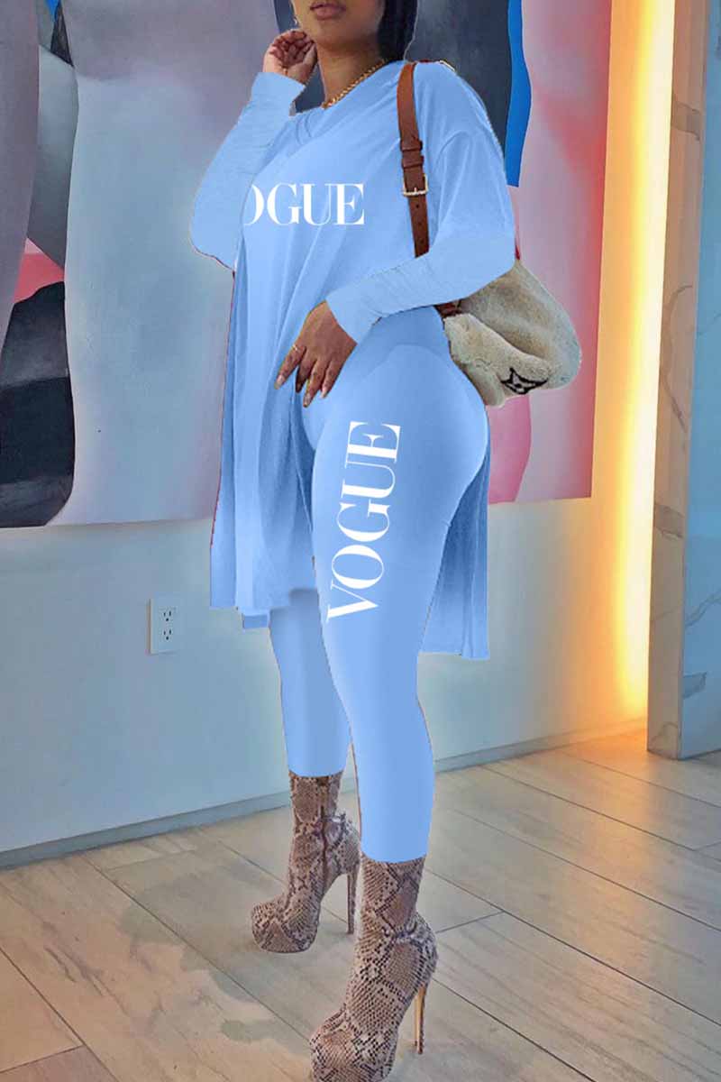 

Light Blue Fashion Casual Print Letter O Neck Long Sleeve Two Pieces