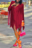 Tangerine Red Fashion Casual Solid Tassel Patchwork V Neck Straight Dresses
