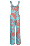 Oranje Rode Casual Print Patchwork Spaghetti Band Rechte Jumpsuits