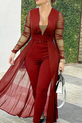 Red Sexy Casual Solid Patchwork Asymmetrical V Neck Regular Jumpsuits