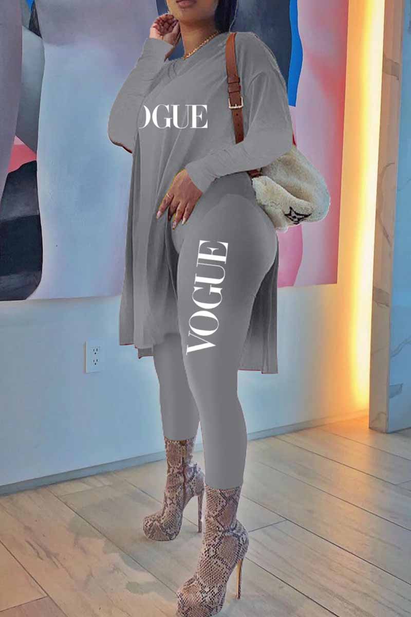 

Grey Fashion Casual Print Letter O Neck Long Sleeve Two Pieces