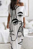 Witte mode casual print basic O-hals lange jurk