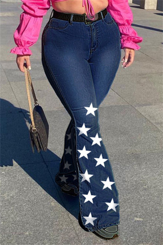 Deep Blue Fashion Casual Print The stars Patchwork Jeans grande taille