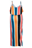 Orange Sexy Striped Print Patchwork Spaghetti Strap Sling Dress Plus Size Dresses