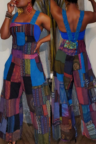 Blue Fashion Casual Street Print Patchwork Spaghetti Strap Loose Jumpsuits